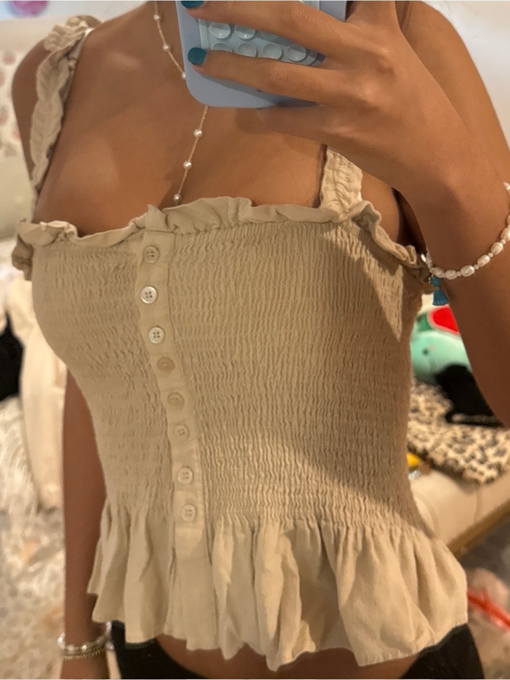 Princess Polly Beige Striped Smocked Tank